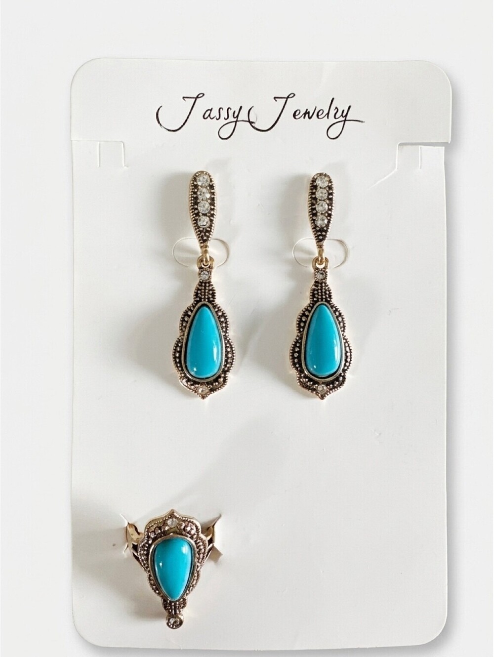 Jassy Jewelry Turquoise Color Ring & Rhinestone Drop Earrings Set Silver Tone